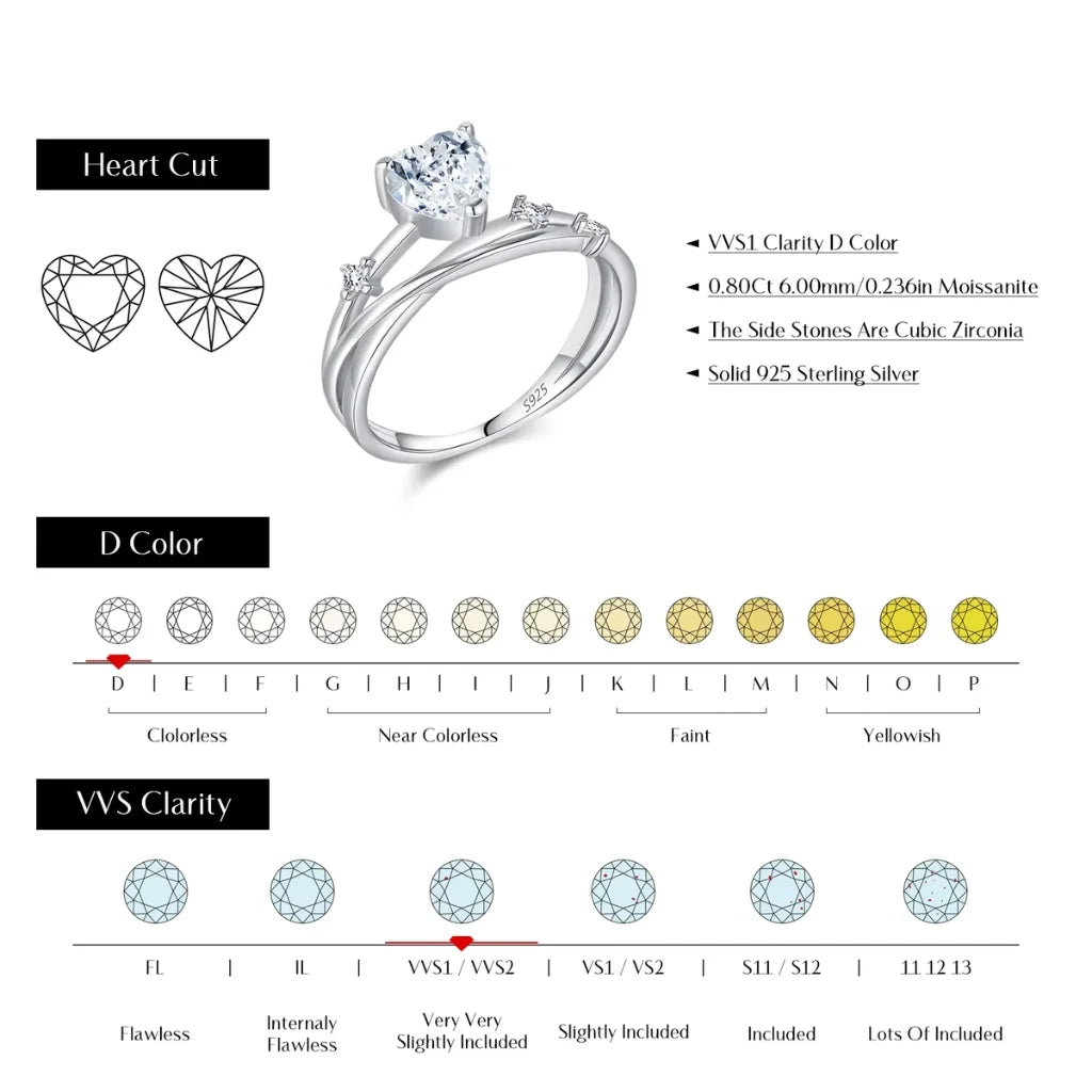 Heart Moissanite Ring | 925 Sterling Silver Multi-Layer Wedding Ring for Women