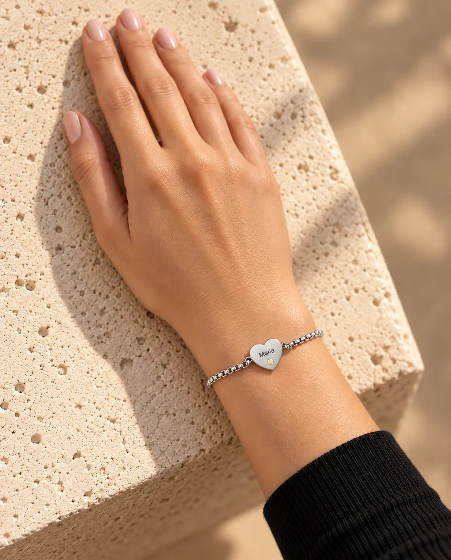 Personalised Heart Birthstone Bracelet - worn on a model