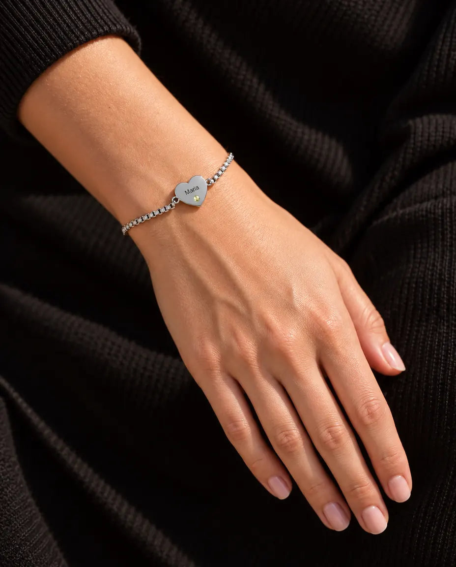Personalised Heart Birthstone Bracelet - worn on the wrist, close-up