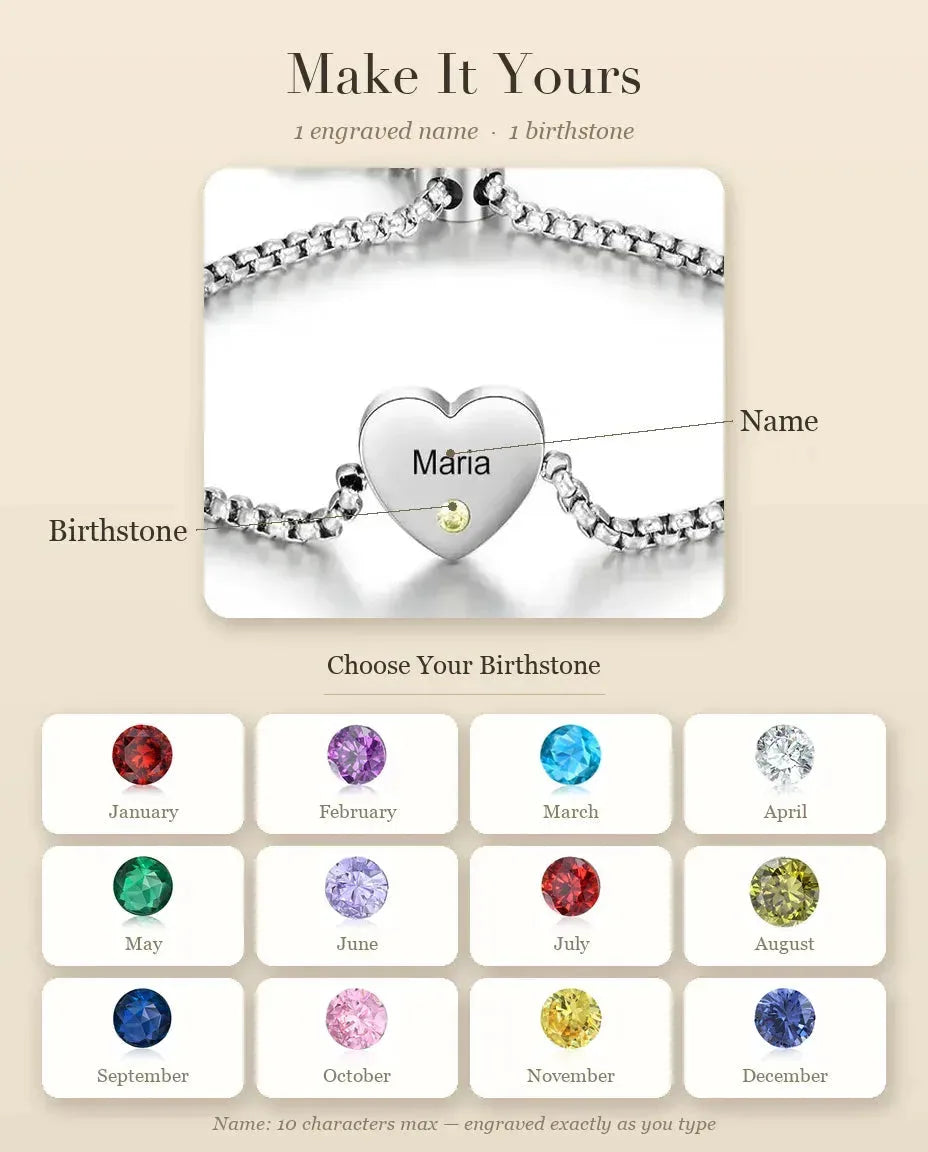 Personalised Heart Birthstone Bracelet - personalisation guide: names and birthstones