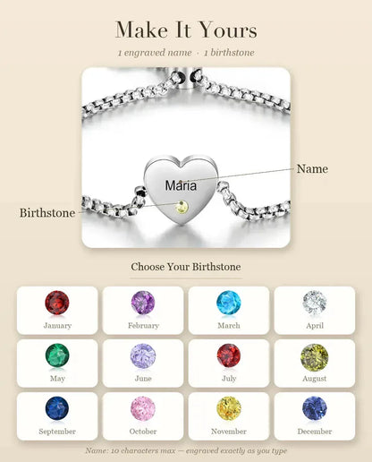 Personalised Heart Birthstone Bracelet - personalisation guide: names and birthstones