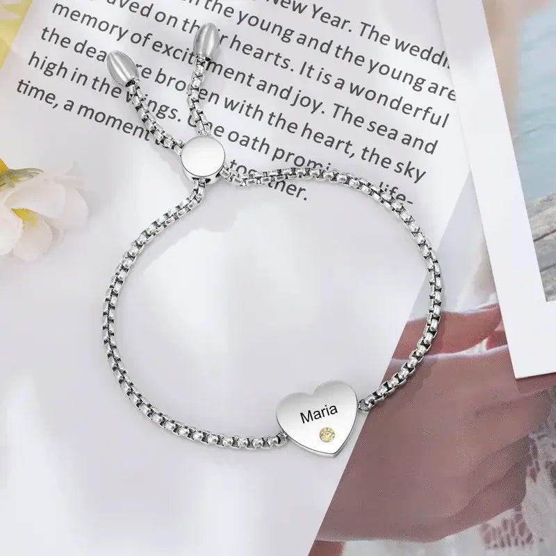 Heart Shaped Engraved Name Personalised Birthstone Bracelet