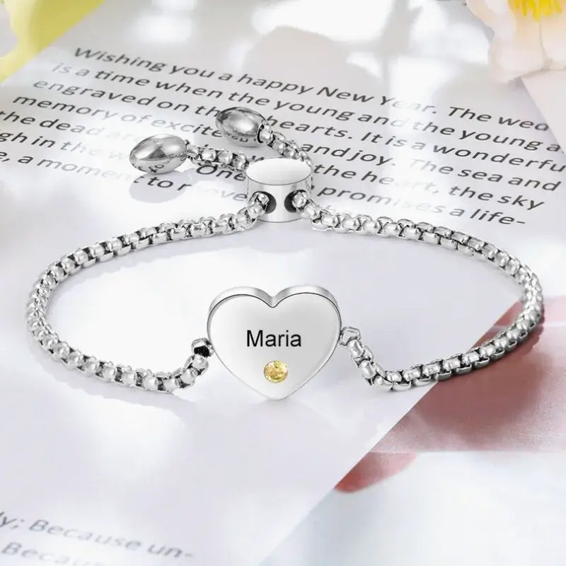 Heart Shaped Engraved Name Personalised Birthstone Bracelet