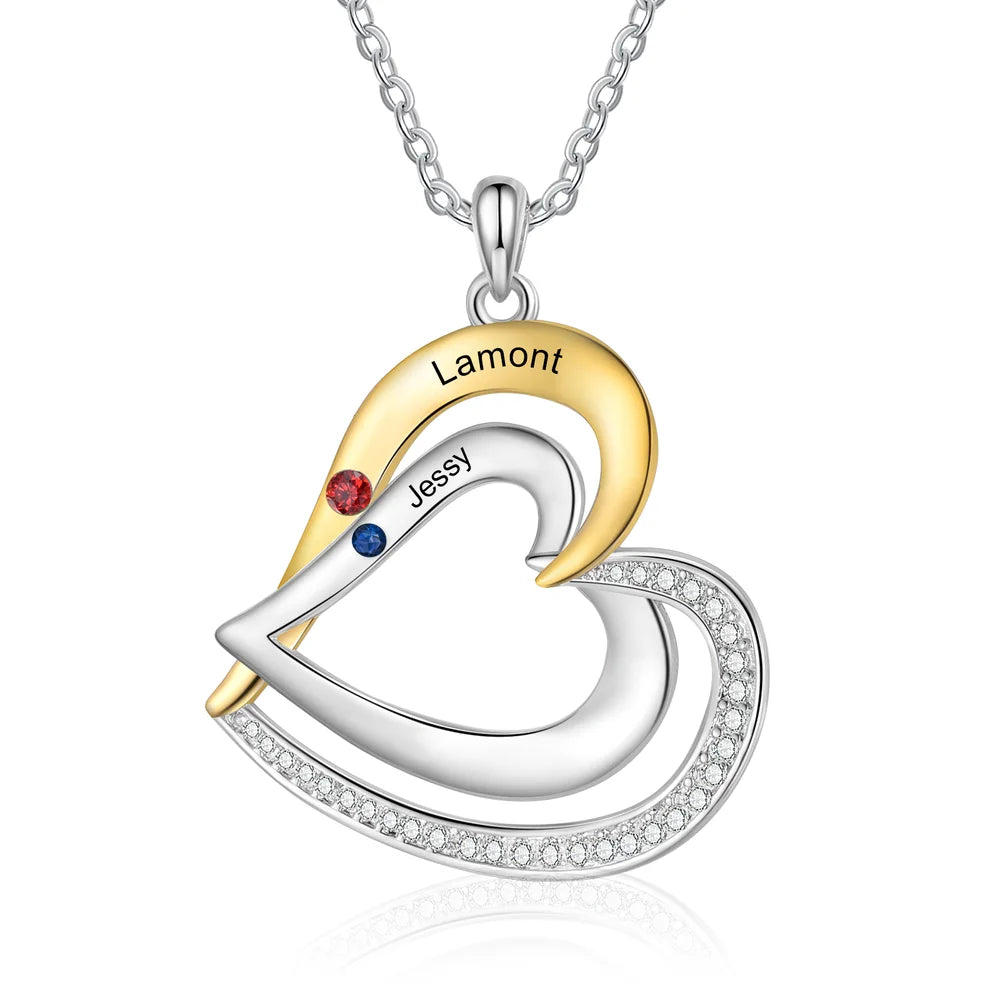 Two Heart Personalised Necklace, Engraved 1-3 Names Necklace with Birthstones, Sterling Silver Personalised Jewellery for Women