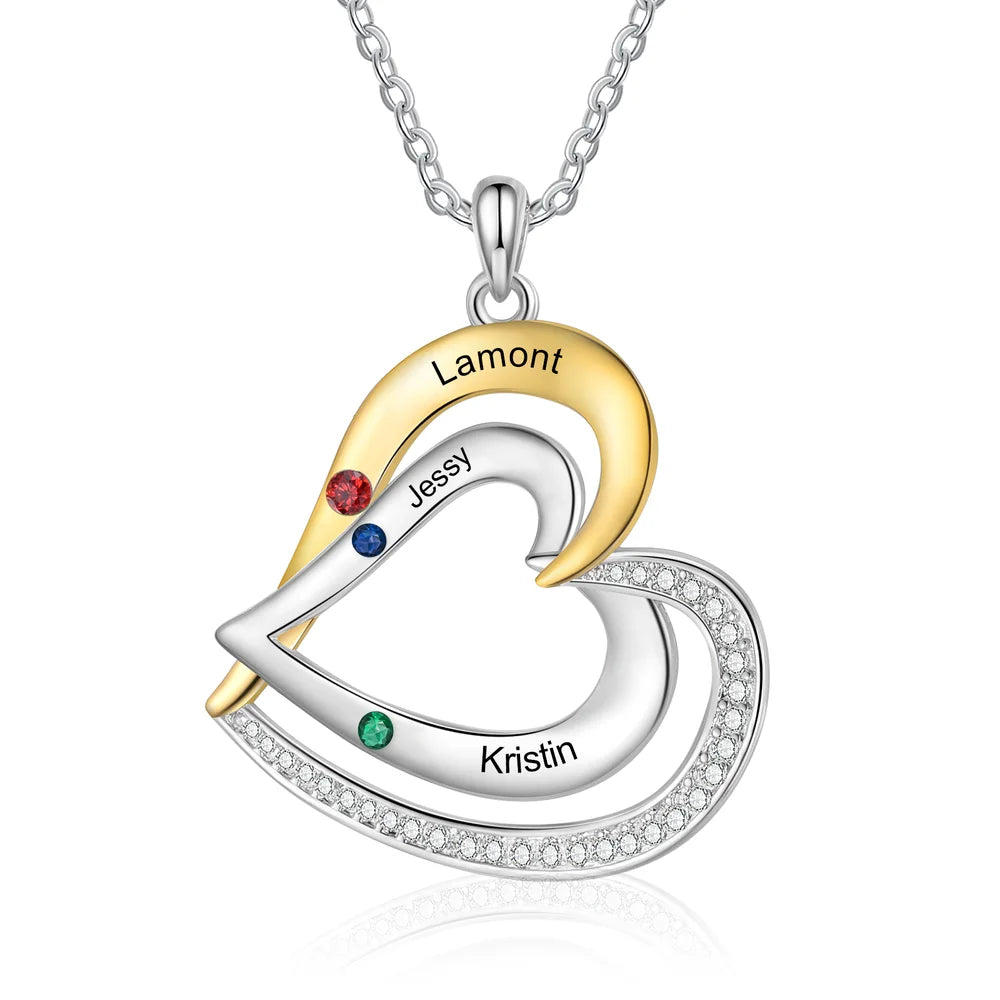 Two Heart Personalised Necklace, Engraved 1-3 Names Necklace with Birthstones, Sterling Silver Personalised Jewellery for Women