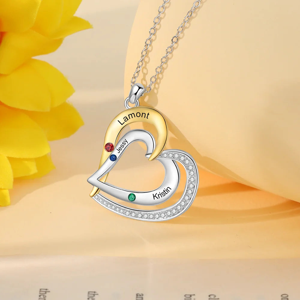 Two Heart Personalised Necklace, Engraved 1-3 Names Necklace with Birthstones, Sterling Silver Personalised Jewellery for Women