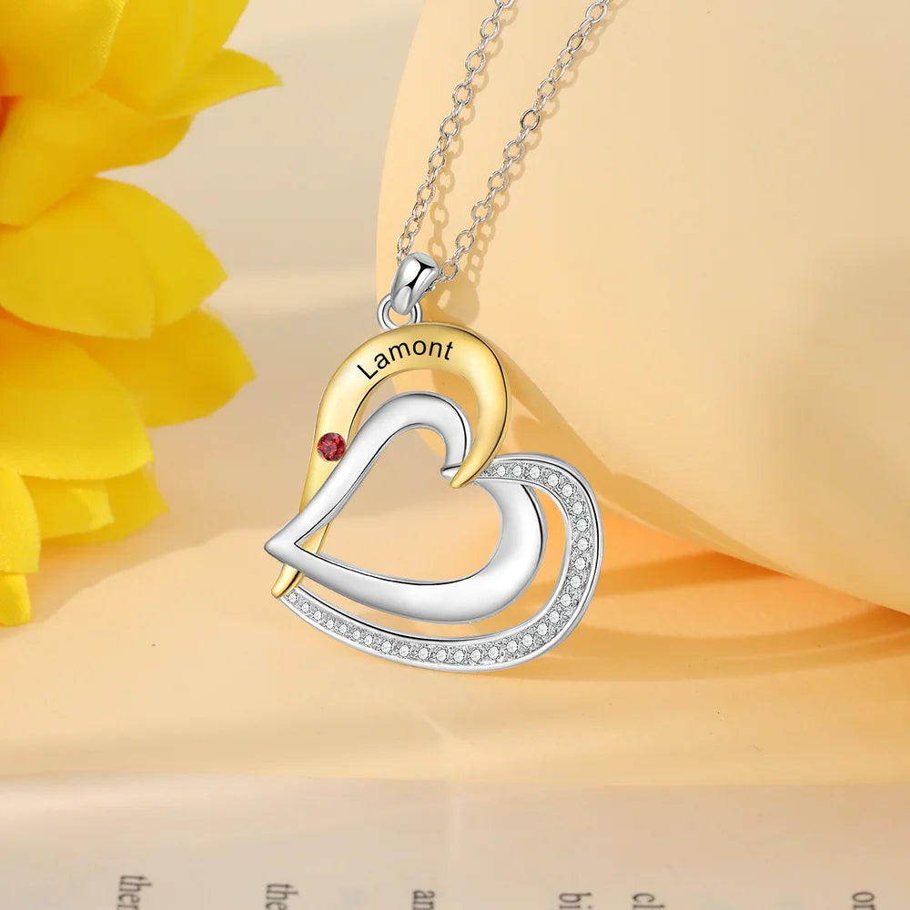 Two Heart Personalised Necklace, Engraved 1-3 Names Necklace with Birthstones, Sterling Silver Personalised Jewellery for Women