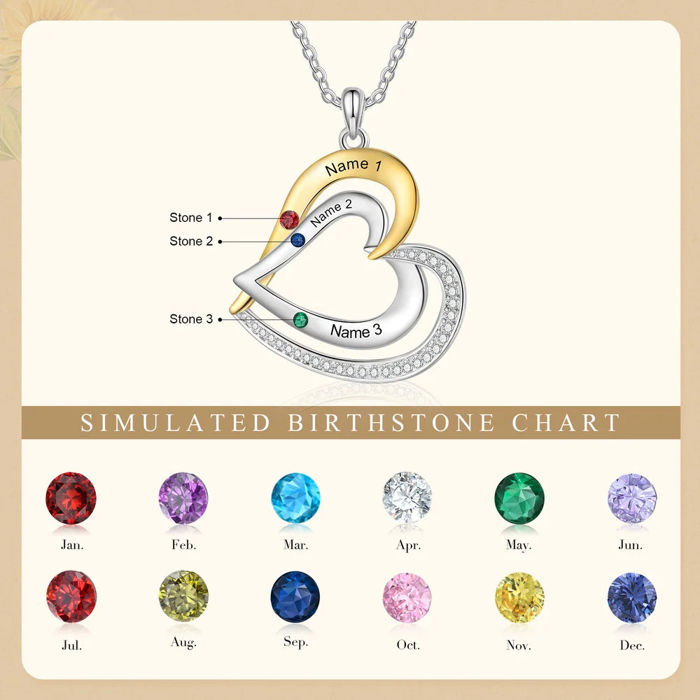 Two Heart Personalised Necklace, Engraved 1-3 Names Necklace with Birthstones, Sterling Silver Personalised Jewellery for Women