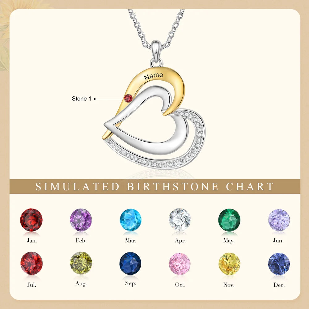 Two Heart Personalised Necklace, Engraved 1-3 Names Necklace with Birthstones, Sterling Silver Personalised Jewellery for Women