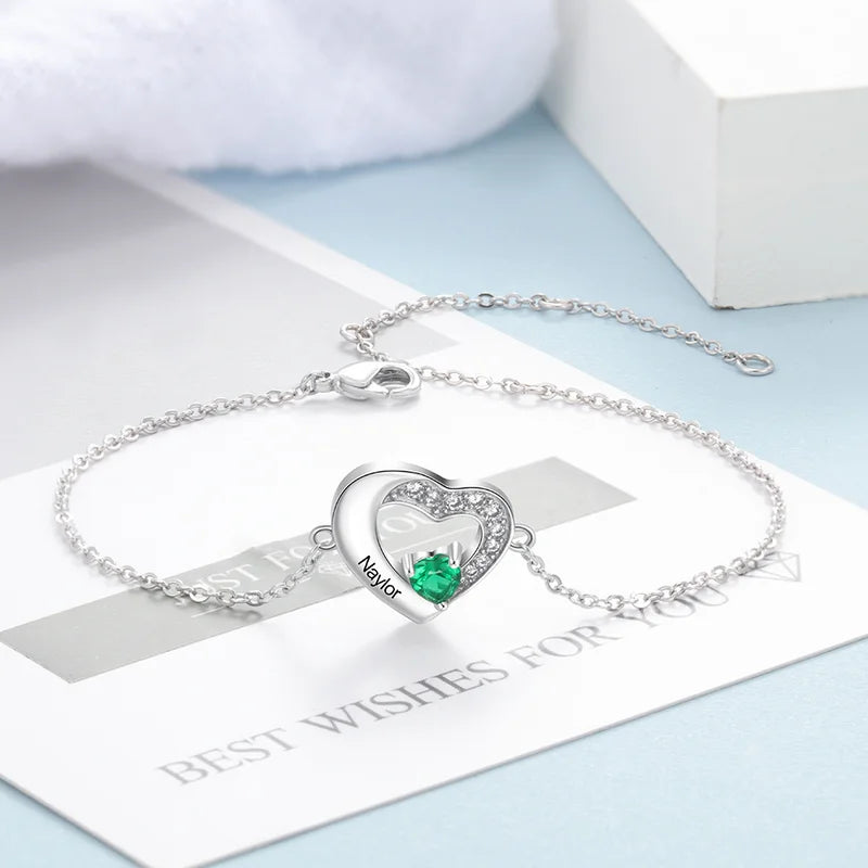 Heart Personalised Engraved Birthstone Bracelet Sterling Silver