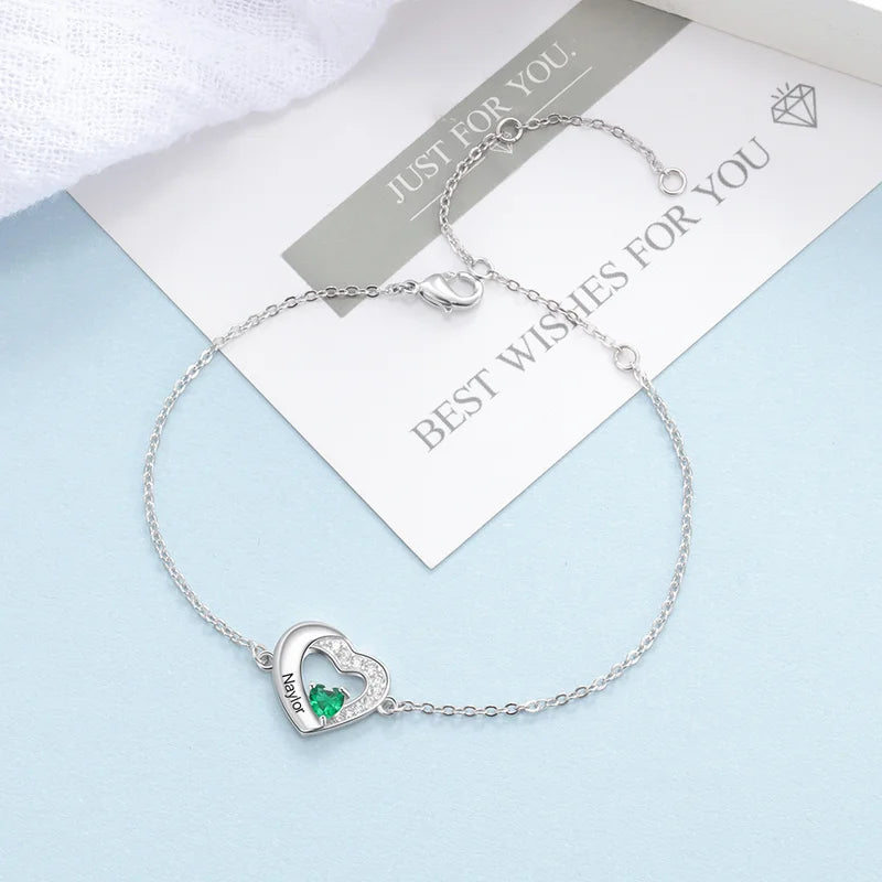 Heart Personalised Engraved Birthstone Bracelet Sterling Silver