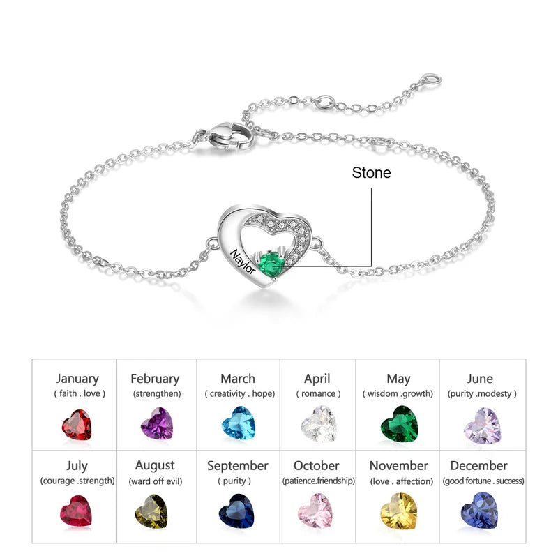 Heart Personalised Engraved Birthstone Bracelet Sterling Silver