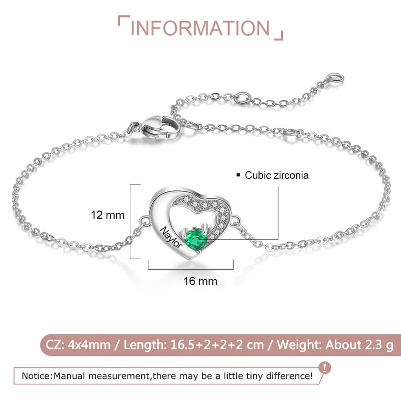 Heart Personalised Engraved Birthstone Bracelet Sterling Silver