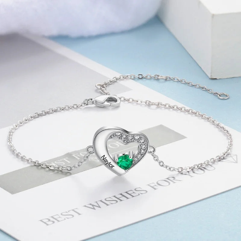 Heart Personalised Engraved Birthstone Bracelet Sterling Silver