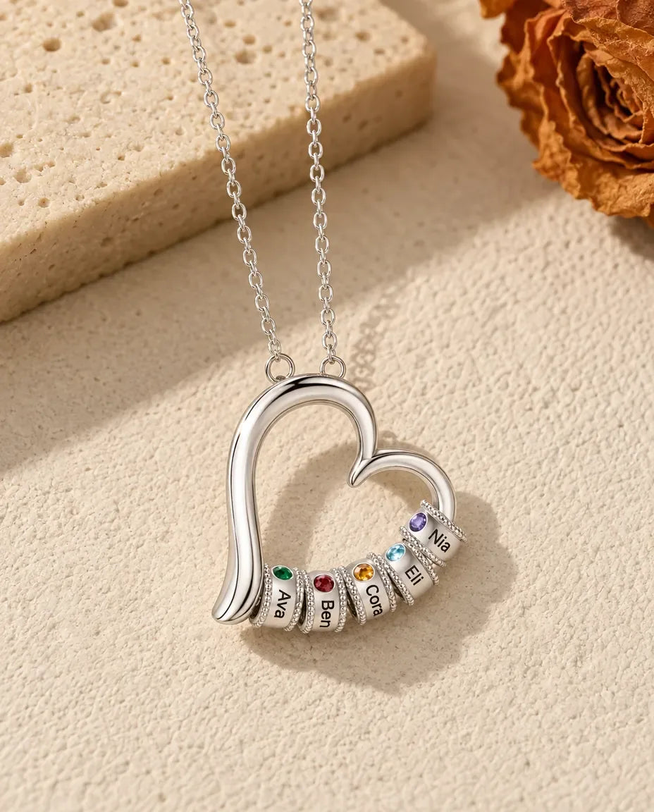 Open Heart Mother's Birthstone Necklace - front view in silver finish