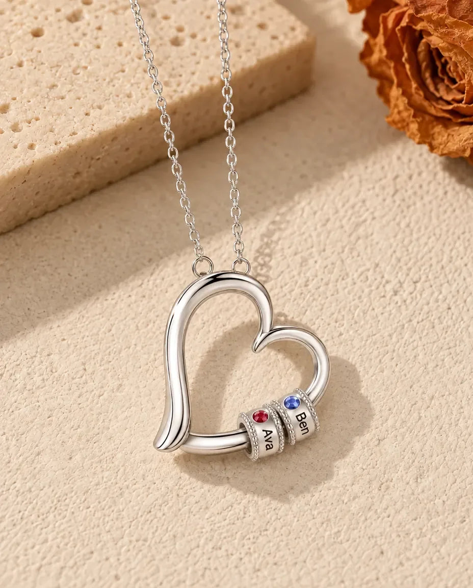 Open Heart Mother's Birthstone Necklace - version with 2 names and birthstones