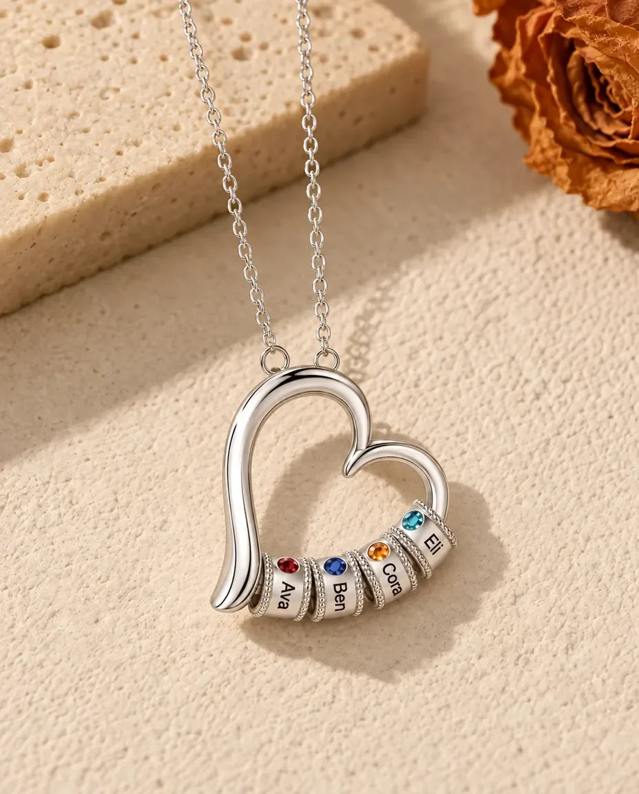 Open Heart Mother's Birthstone Necklace - version with 4 names and birthstones