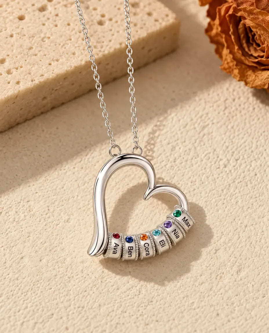 Open Heart Mother's Birthstone Necklace - version with 6 names and birthstones