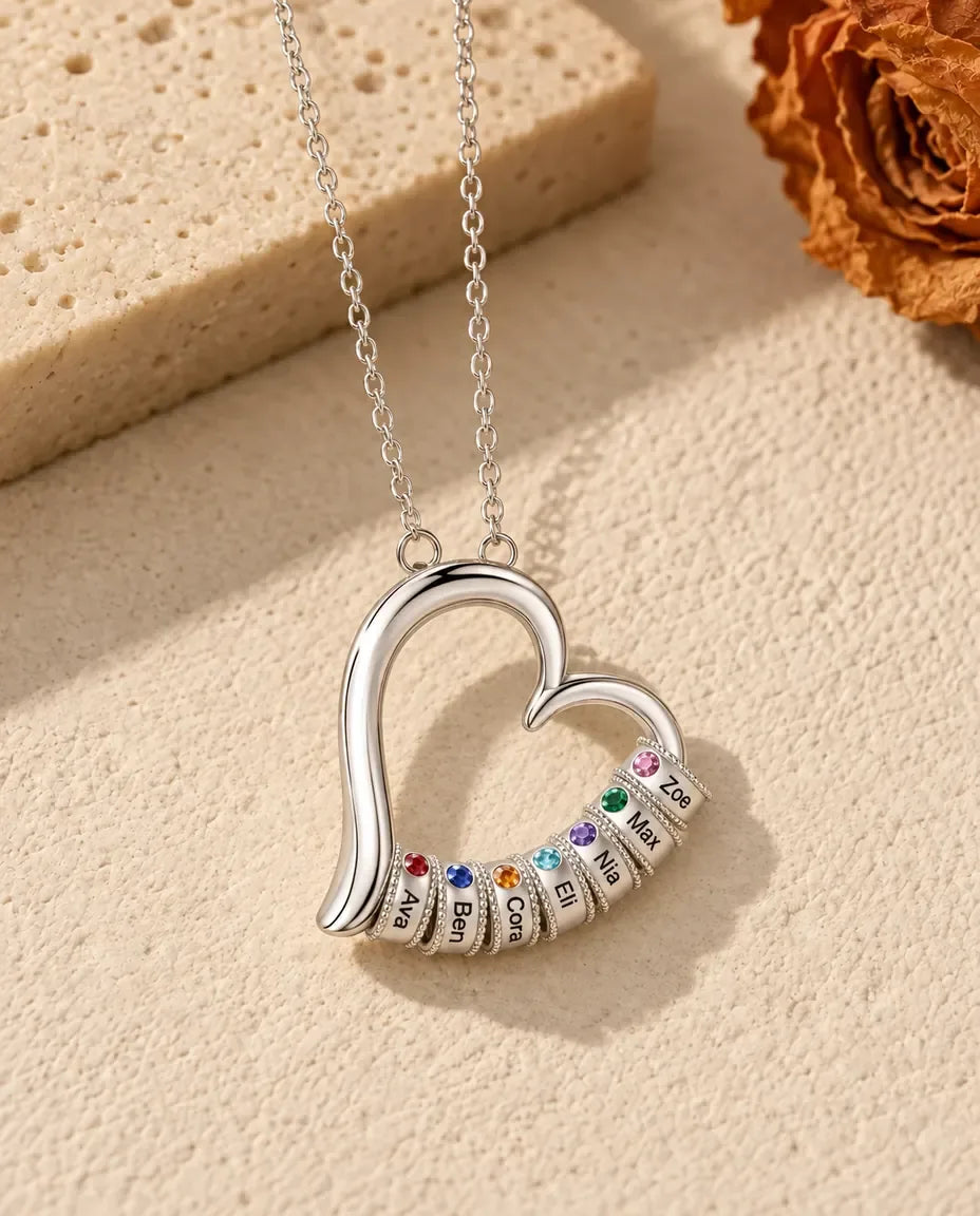 Open Heart Mother's Birthstone Necklace - version with 7 names and birthstones