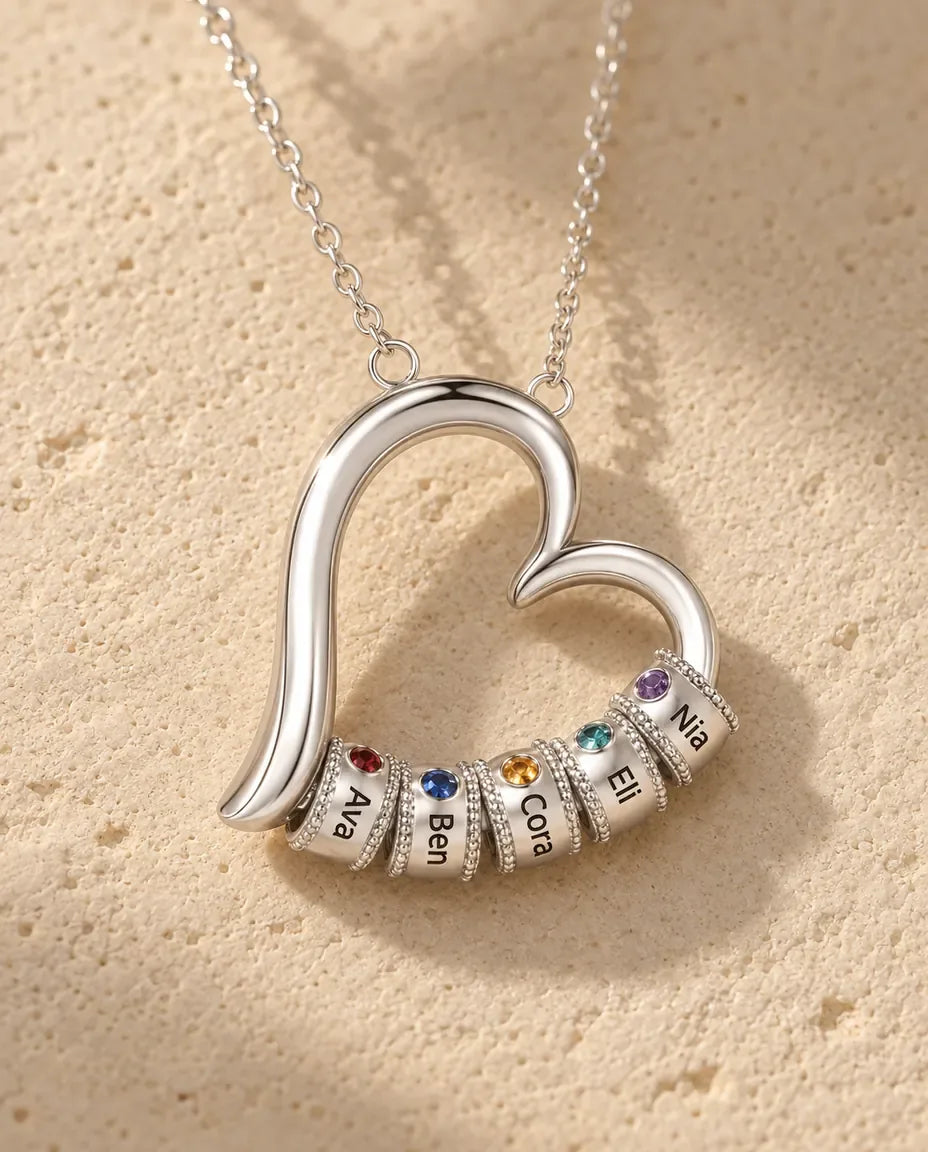 Open Heart Mother's Birthstone Necklace - close-up of the engraved names and birthstones