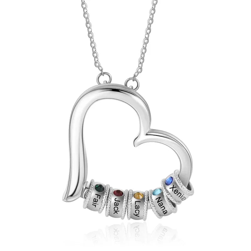 Personalised Mum Necklace | Heart Mum Necklace with Children's Names and Birthstones | Up to 7 Beads