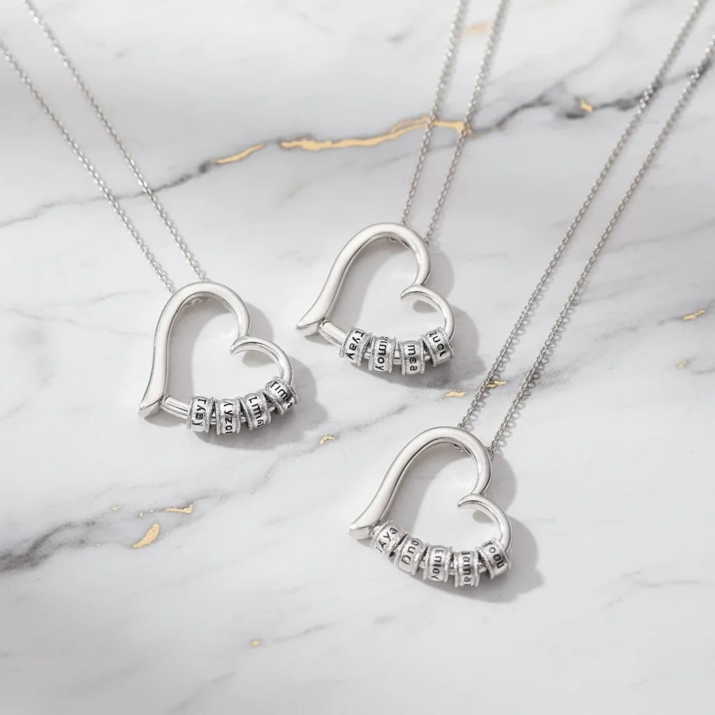 Personalised Open Heart Mother's Necklace with Custom Name and Birthstone Beads