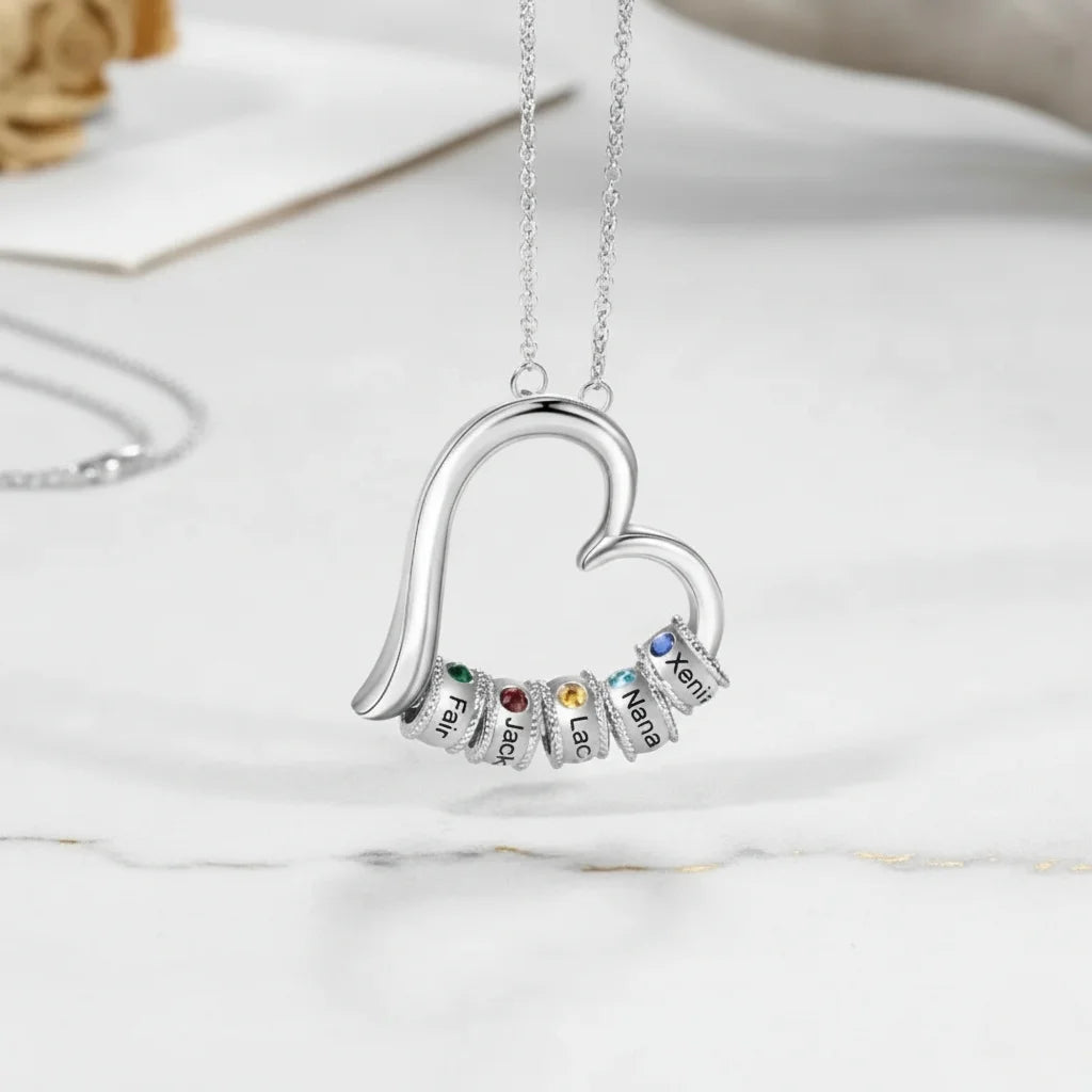 Personalised Open Heart Mother's Necklace with Custom Name and Birthstone Beads