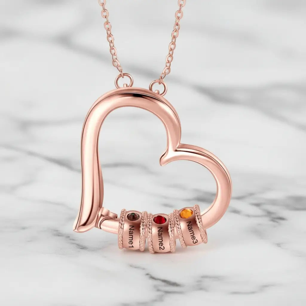 Personalised Open Heart Mother's Necklace with Custom Name and Birthstone Beads