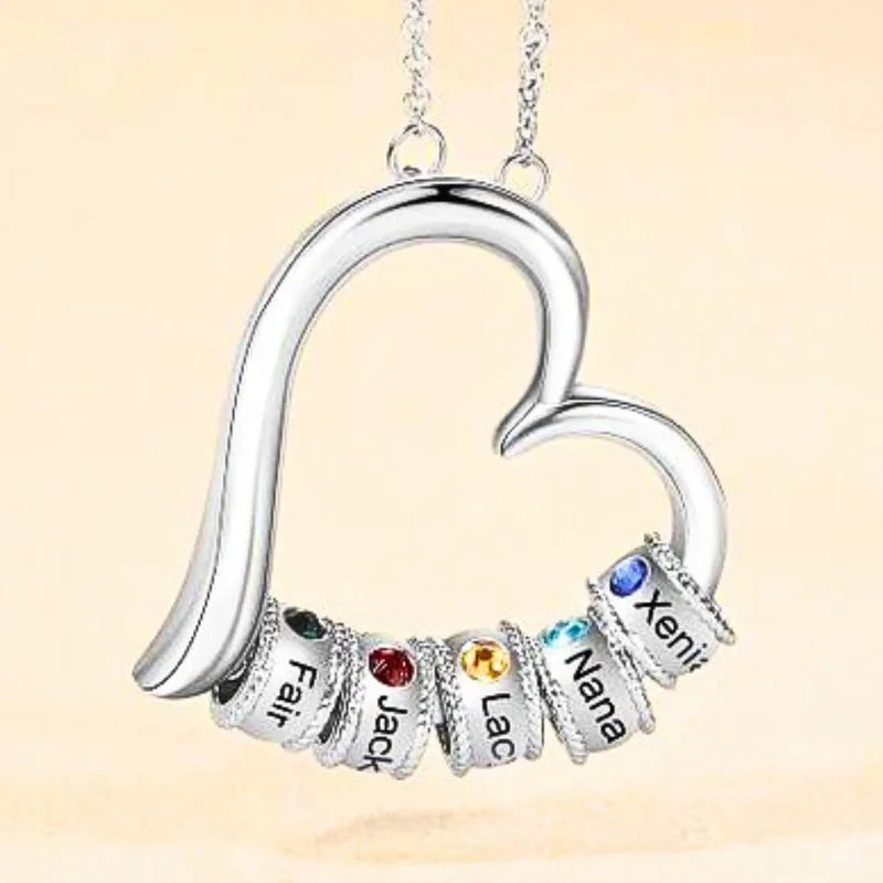 Personalised Mum Necklace | Heart Mum Necklace with Children's Names and Birthstones | Up to 7 Beads