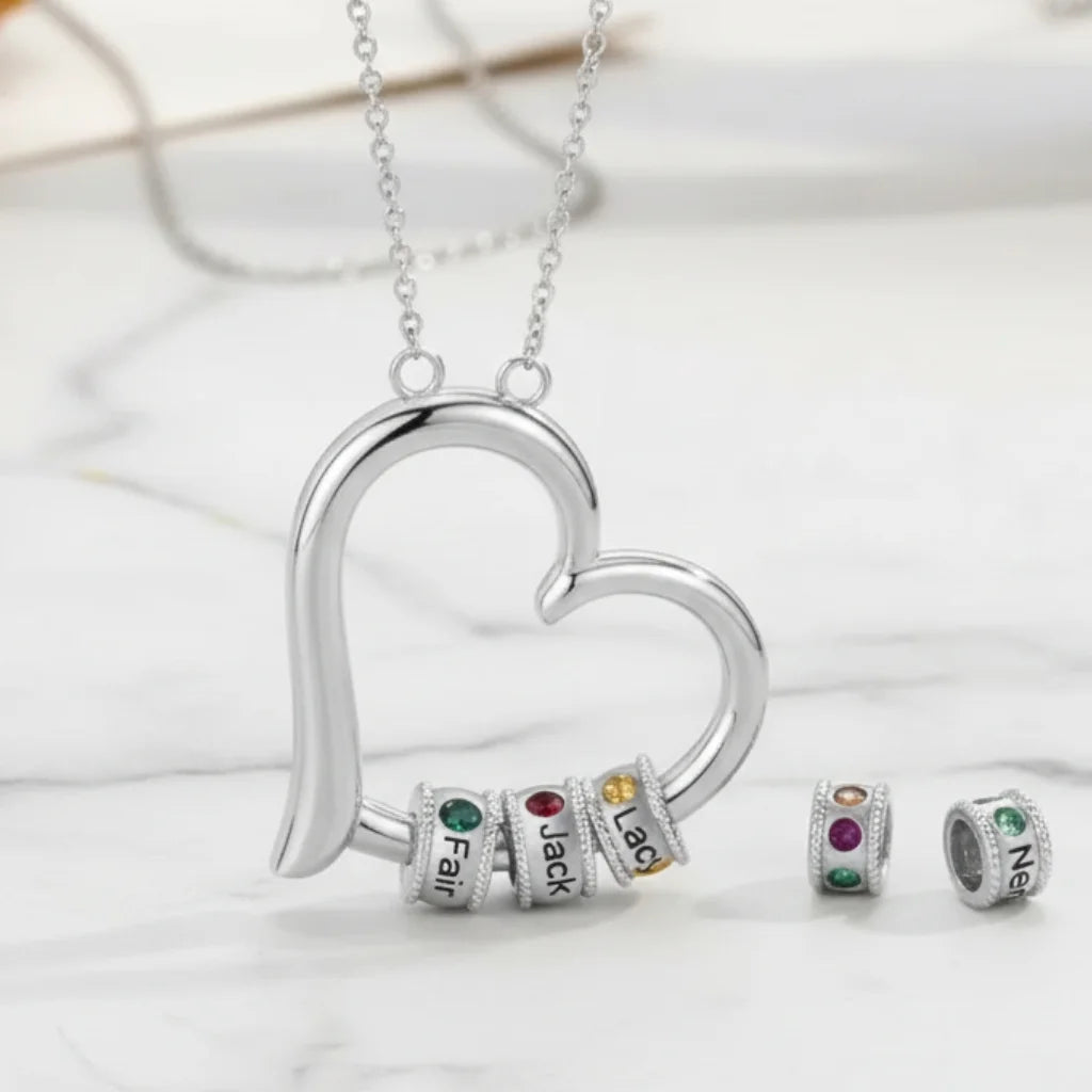 Personalised Open Heart Mother's Necklace with Custom Name and Birthstone Beads
