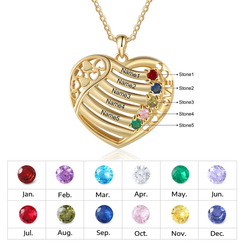 Heart Personalised Necklace for Mum | Birthstone Necklace for Mum | Engraved Name Necklace Yellow Gold