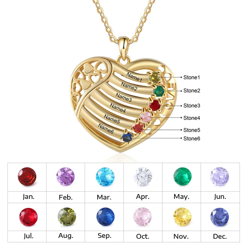 Heart Personalised Necklace for Mum | Birthstone Necklace for Mum | Engraved Name Necklace Yellow Gold