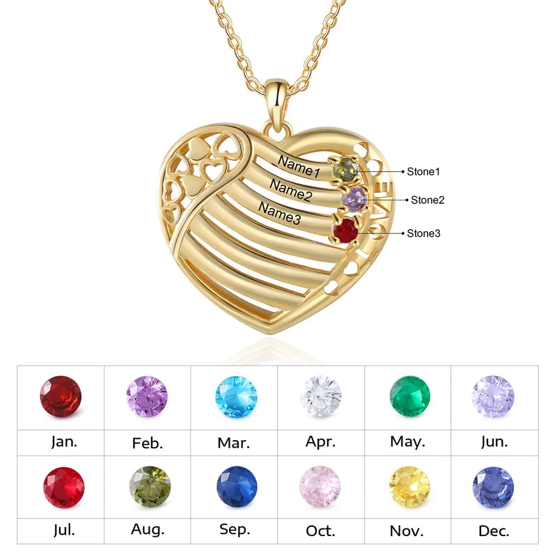 Heart Personalised Necklace for Mum | Birthstone Necklace for Mum | Engraved Name Necklace Yellow Gold