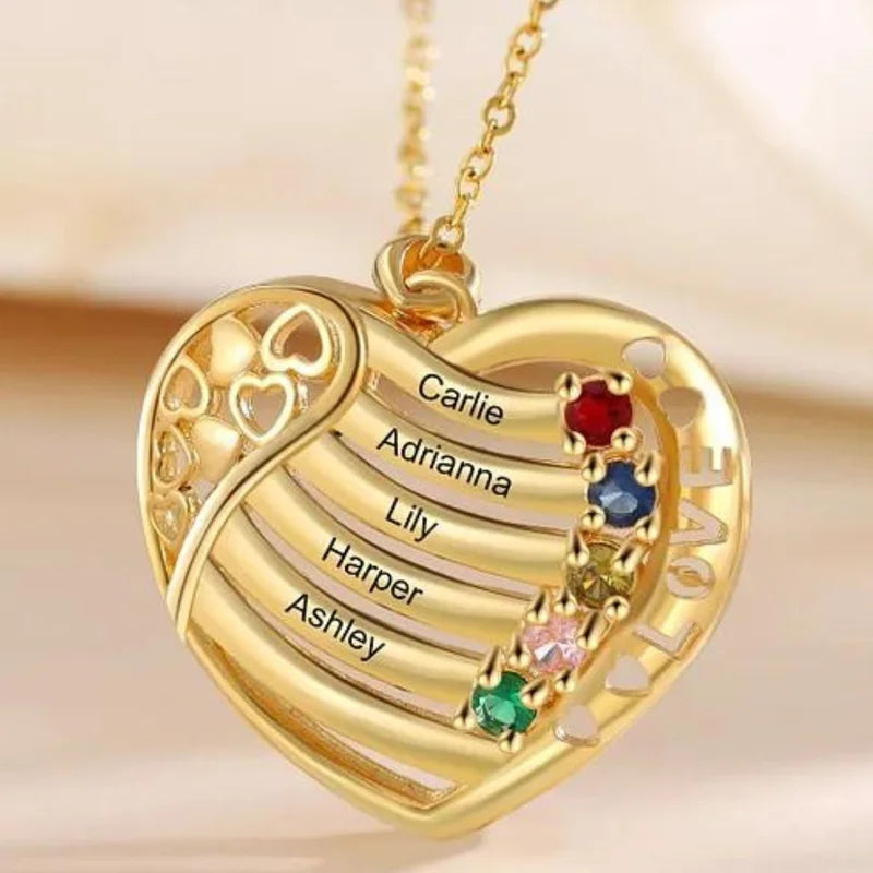 Heart Personalised Necklace for Mum | Birthstone Necklace for Mum | Engraved Name Necklace Yellow Gold