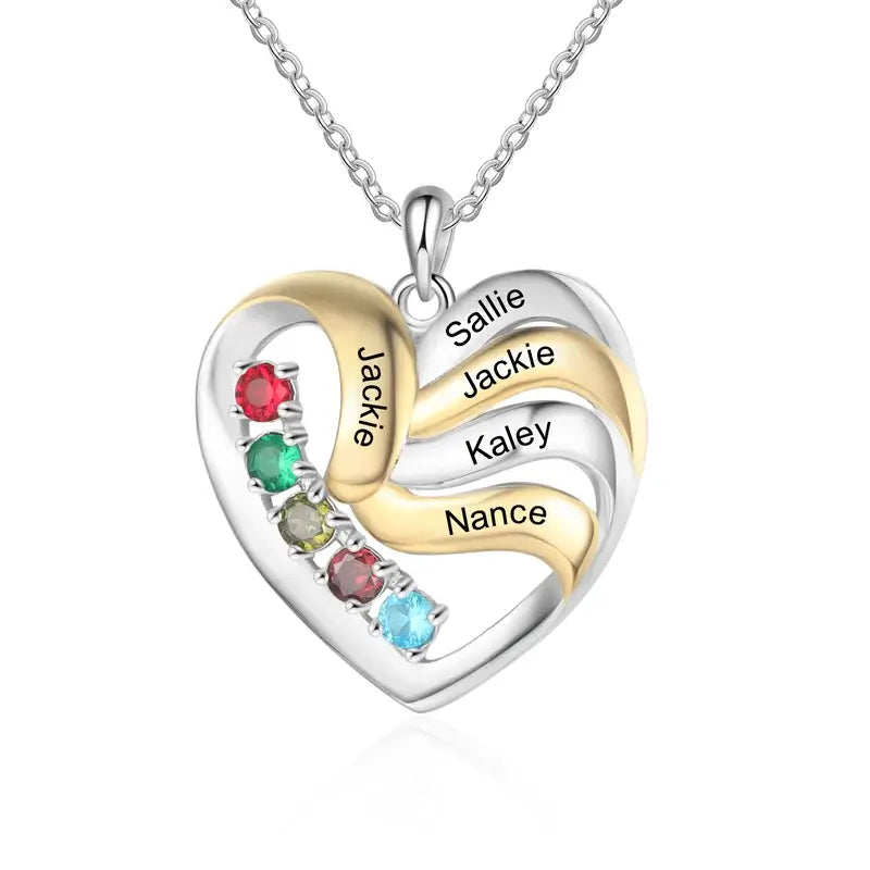 Heart Personalised Necklace for Mum | Mum Necklace with Names | Family Necklace for Mum with Birthstones | 2 to 5 Birthstone Necklaces