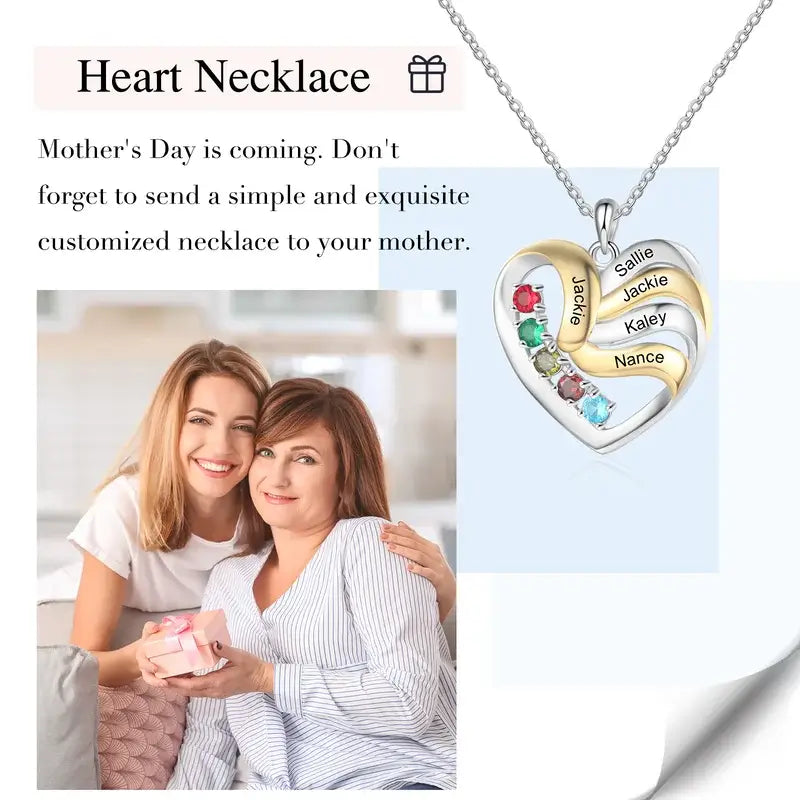 Heart Personalised Necklace for Mum | Mum Necklace with Names | Family Necklace for Mum with Birthstones | 2 to 5 Birthstone Necklaces