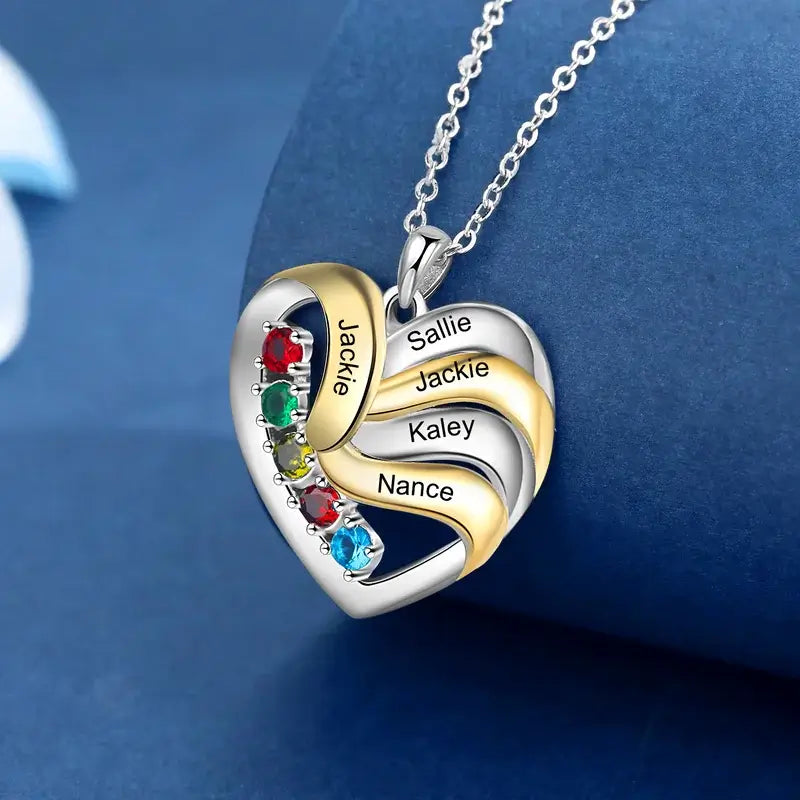 Heart Personalised Necklace for Mum | Mum Necklace with Names | Family Necklace for Mum with Birthstones | 2 to 5 Birthstone Necklaces