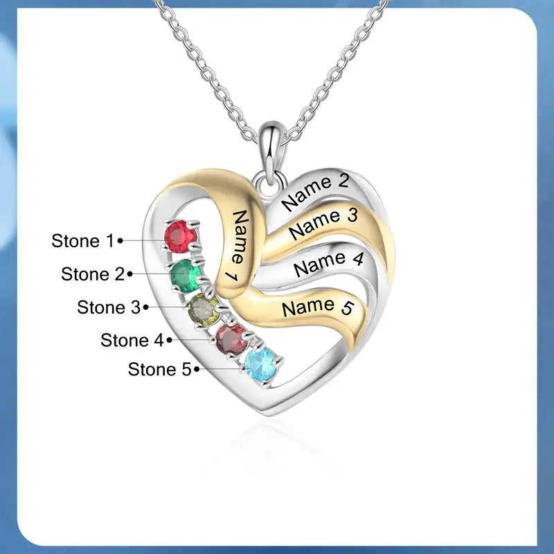 Heart Personalised Necklace for Mum | Mum Necklace with Names | Family Necklace for Mum with Birthstones | 2 to 5 Birthstone Necklaces