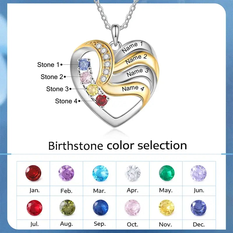 Heart Personalised Necklace for Mum | Mum Necklace with Names | Family Necklace for Mum with Birthstones | 2 to 5 Birthstone Necklaces