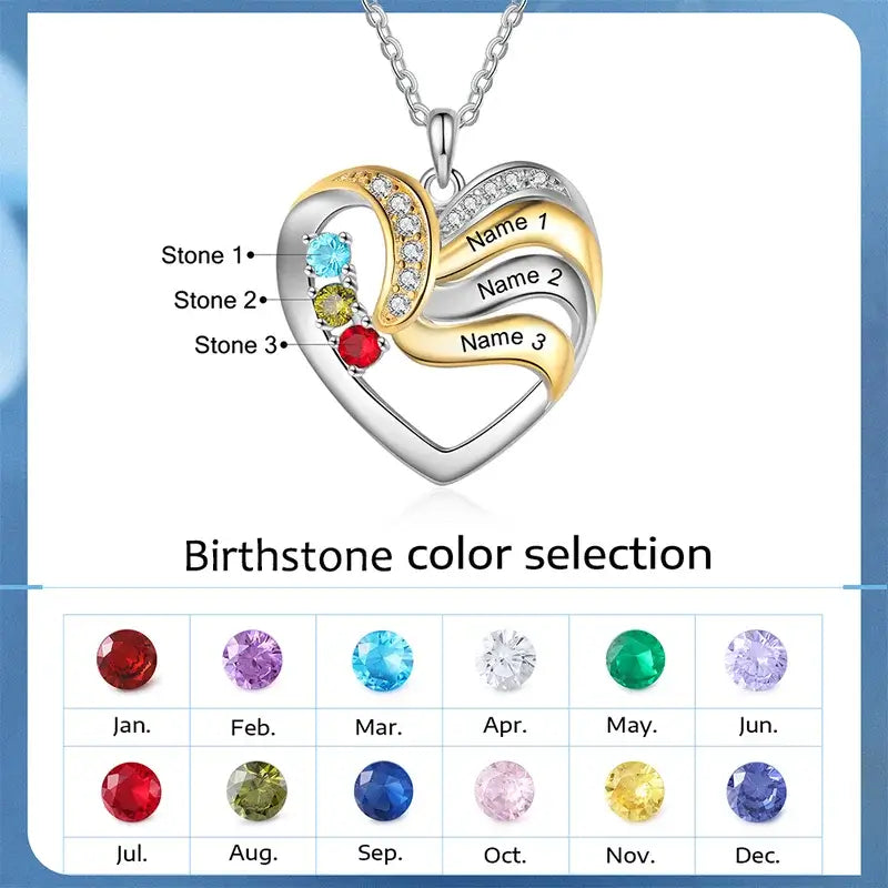 Heart Personalised Necklace for Mum | Mum Necklace with Names | Family Necklace for Mum with Birthstones | 2 to 5 Birthstone Necklaces