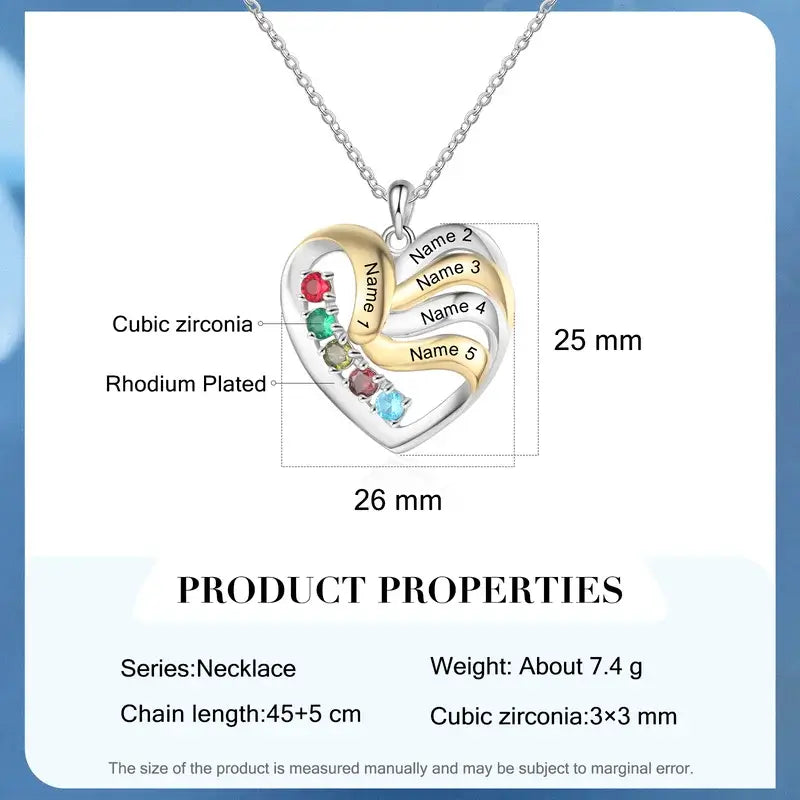 Heart Personalised Necklace for Mum | Mum Necklace with Names | Family Necklace for Mum with Birthstones | 2 to 5 Birthstone Necklaces