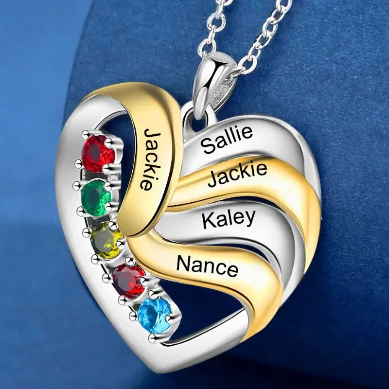 Heart Personalised Necklace for Mum | Mum Necklace with Names | Family Necklace for Mum with Birthstones | 2 to 5 Birthstone Necklaces