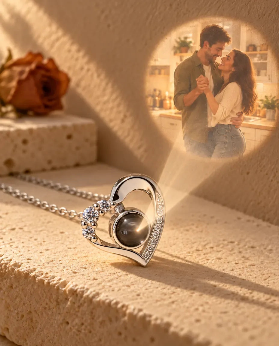 Heart Photo Projection Necklace - projecting the hidden photo onto a wall