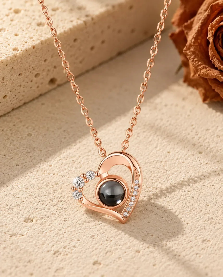 Heart Photo Projection Necklace - in rose gold finish