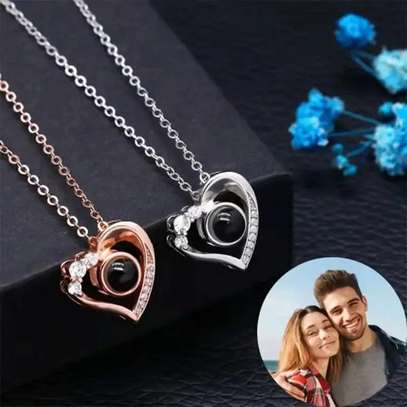 Sterling Silver Photo Projection Necklace Heart Shaped | Memory Necklace with Picture Inside | 3 Colours