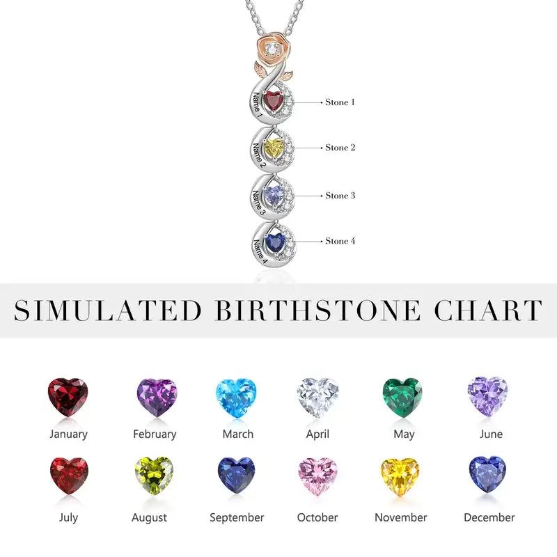 Rose Mum Necklace with Names | Heart Shaped Birthstone Personalised Necklace for Mum