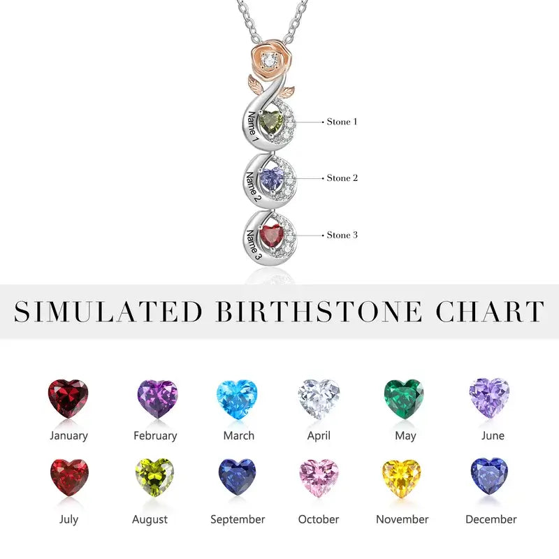 Rose Mum Necklace with Names | Heart Shaped Birthstone Personalised Necklace for Mum