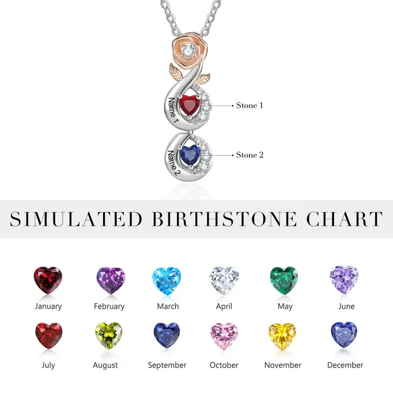 Rose Mum Necklace with Names | Heart Shaped Birthstone Personalised Necklace for Mum