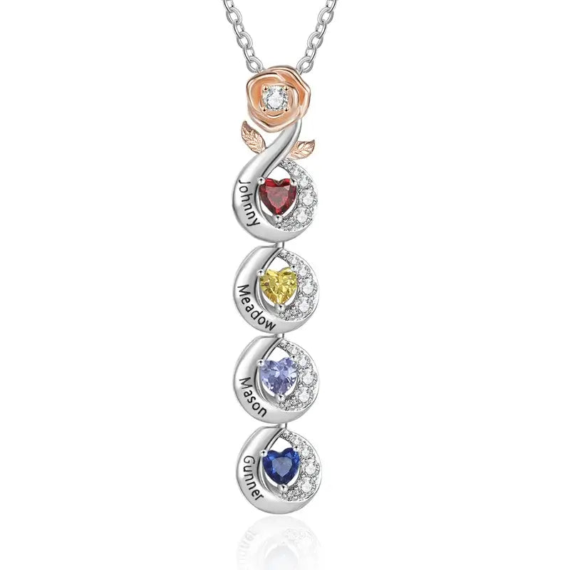 Rose Mum Necklace with Names | Heart Shaped Birthstone Personalised Necklace for Mum