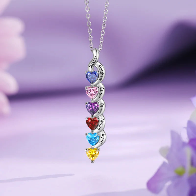 Personalised Necklace for Mum | Heart-Shaped Birthstone Necklace with Child Names | 1 to 6 Birthstone and Names Necklace